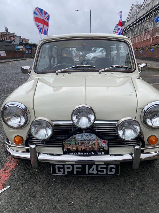 Austin Mini Cooper front view with Union Jack flags in London