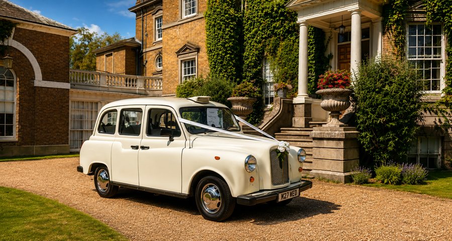 Classic Fairway wedding taxi outside a country manor